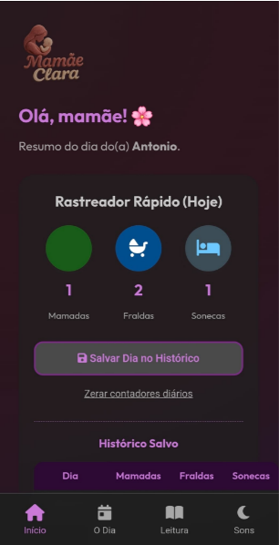 Tela inicial com o resumo do dia: mamadas, fraldas e sonecas