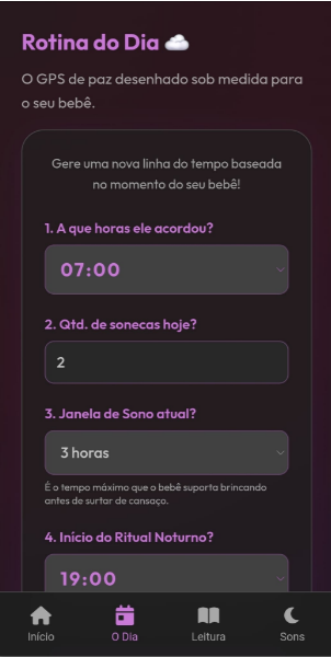 Tela de rotina do dia com horário de despertar e janela de sono