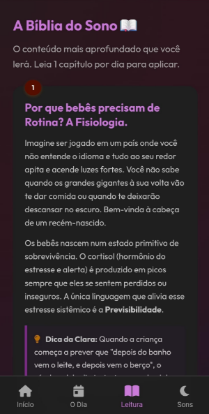 Tela de leitura com conteúdo explicando por que bebês precisam de rotina