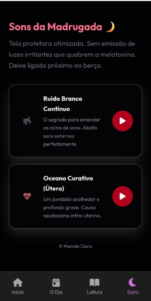 Tela com os áudios de ruído branco disponíveis para tocar